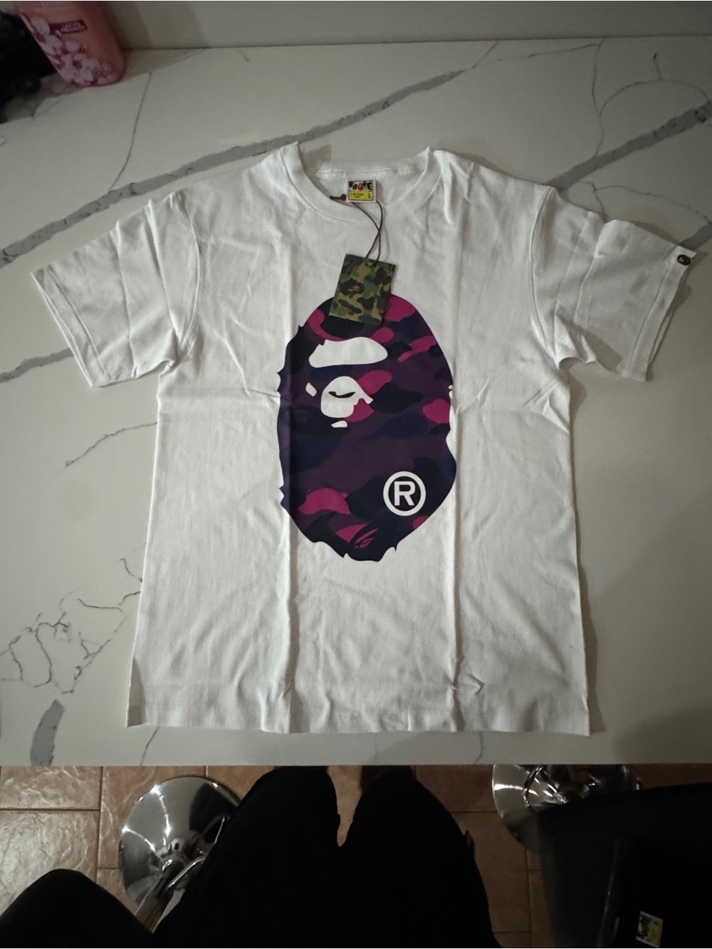 A Bathing Ape White Short-Sleeve Tee with Purple Camo Ape Head